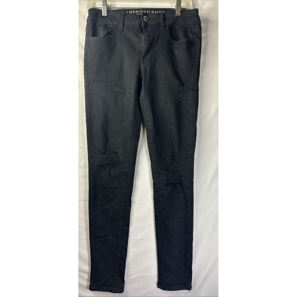 American Eagle Jeans Womens 4 Super Stretch X Black Low Jegging Distressed Denim